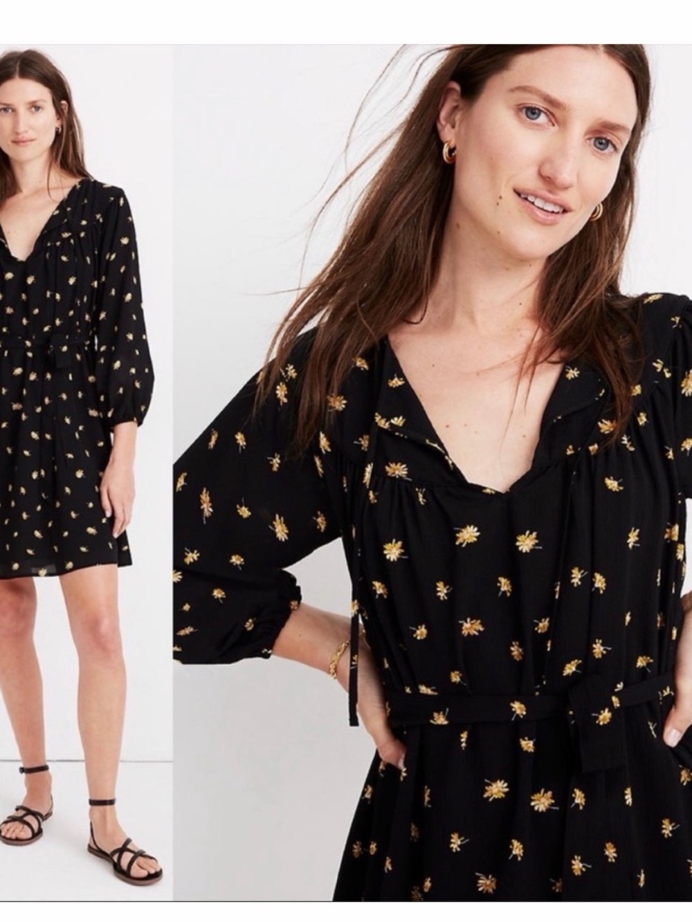 Madewell Black Mini Dress with Gold Floral Print and Tie Waist